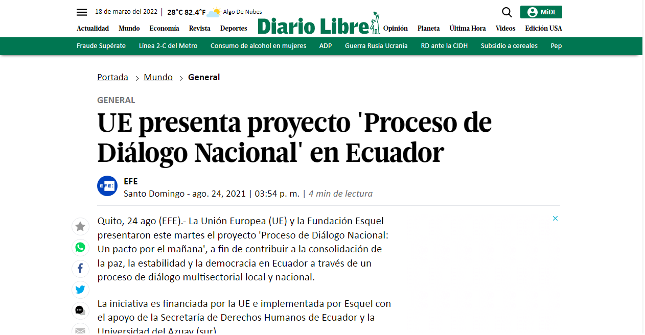 UE presenta proyecto 'Proceso de Diálogo Nacional' en Ecuador