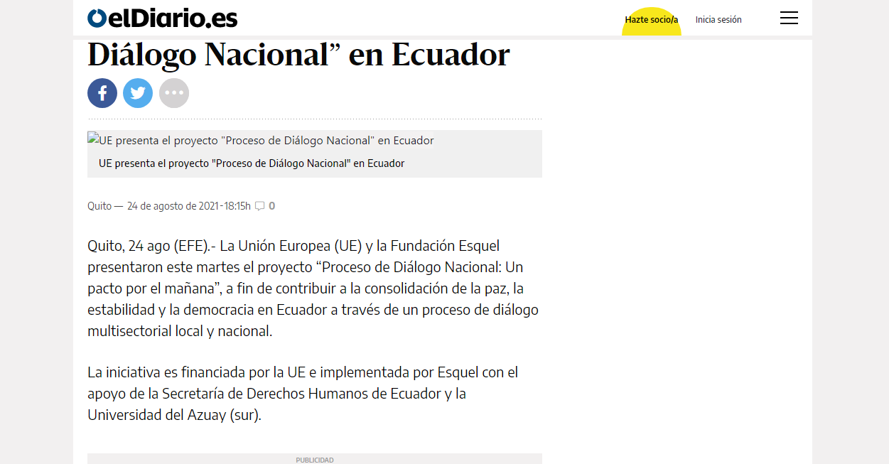 UE presenta el proyecto "Proceso de Diálogo Nacional" en Ecuador