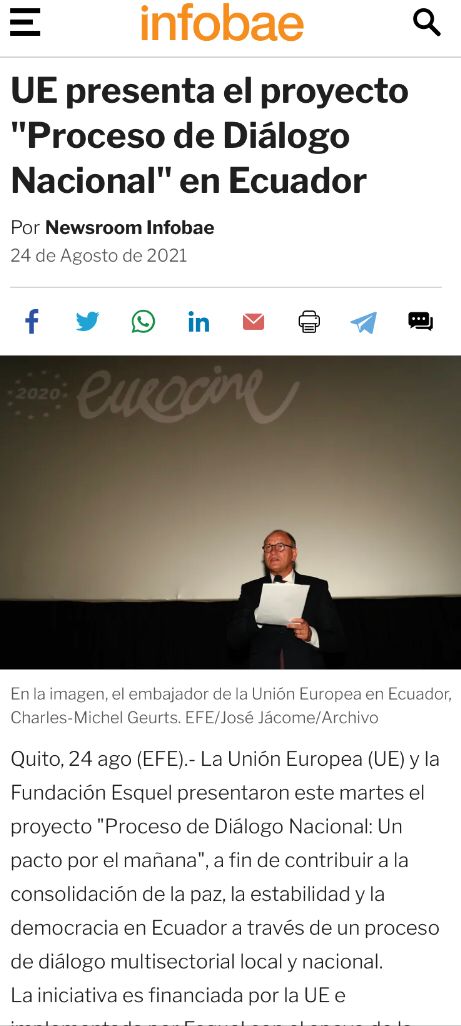 UE presenta el proyecto "Proceso de Diálogo Nacional" en Ecuador