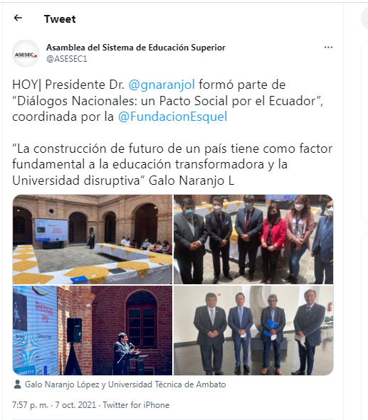 "Presidente Dr.  @gnaranjol  formó parte de “Diálogos Nacionales: un Pacto Social por el Ecuador”, coordinada por la  @FundacionEsquel"