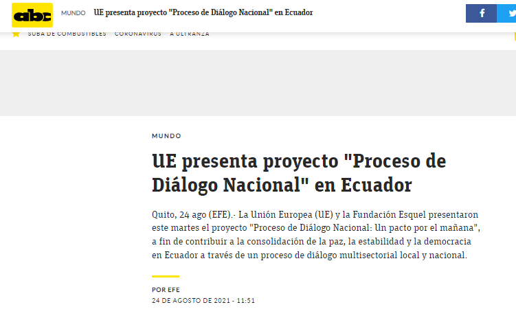 UE presente proyecto "Proceso de Diálgo Nacional" en Ecuador