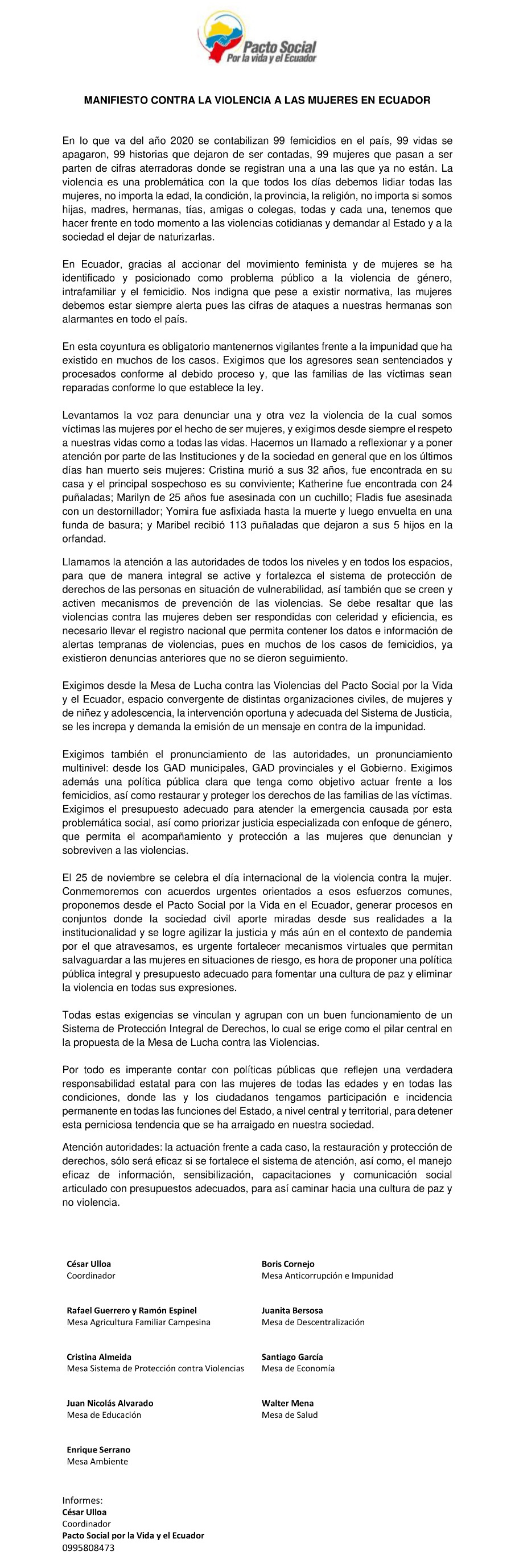 Manifiesto contra la violencia a las mujeres en Ecuador